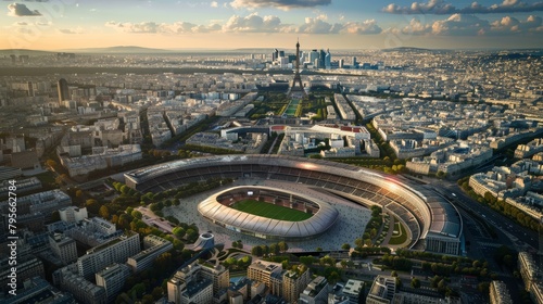 Cityscape with stadium foreground and urban skyline at sunset. Aerial view of sports arena in city.