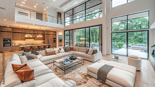 Luxury living room interior with a large window overlooking the garden