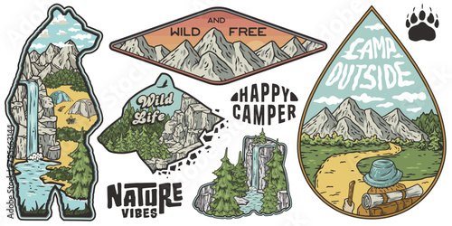 Set of outdoor-themed stickers featuring mountains, nature, and camping elements for adventure lovers and to decorate gear with wild life and travel vibes