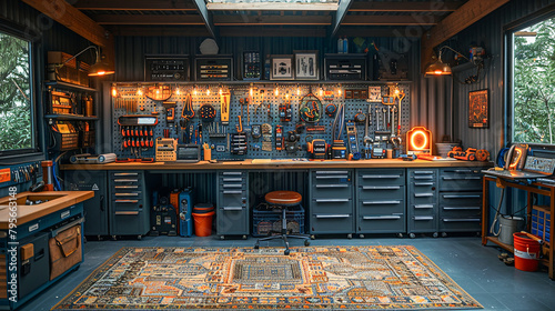 Interior of a repair shop with tools and equipment in the garage
