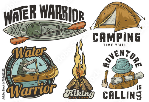 Collection of vintage camping and kayaking themed badges in dark theme. Sticker pack or set for nature hiking and camp. Travel. T-shirt print