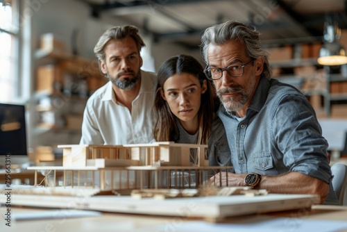 A diverse team of architects huddle over a wooden architectural model  showing teamwork and engagement