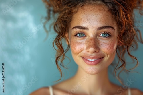 Close-up portrait of a young woman with curly hair and distinctive freckles, exuding beauty and confidence © Larisa AI