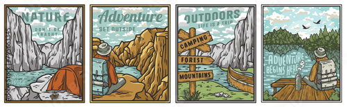 Series of four vintage camping scenes with motivational outdoor adventure sayings, featuring tents, forests, mountains, lake, wildlife. Sticker pack, set for nature hiking, camp. T-shirt prints