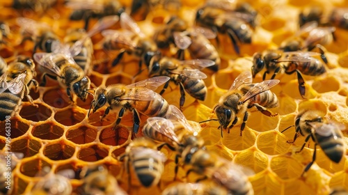 Honeybees on wooden frames in beehive. Beekeeping and honey harvesting concept. © AIS Studio