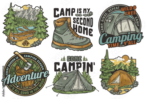 Explore the great outdoors with vintage camping badge collection featuring retro emblems, patches stickers for campers, hikers, scouts. Sticker pack travel. Set for nature hiking, camp. T-shirt print