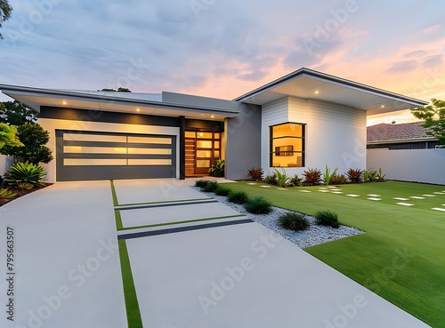 a modern home in the western australia with front yard, grey color wall and white garage door, artificial grass on lawn area, house is located at perth close to park , 