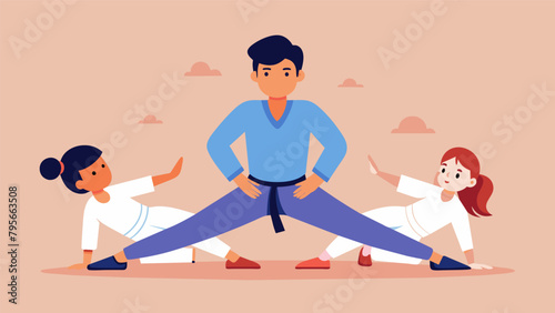 A martial arts master guides their students through a dynamic stretching session emphasizing the importance of consistency in order to see