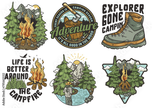 A collection of vintage style camping and adventure badges with nature and equipment themes. Sticker pack travel. Set for nature hiking and camp. T-shirt print