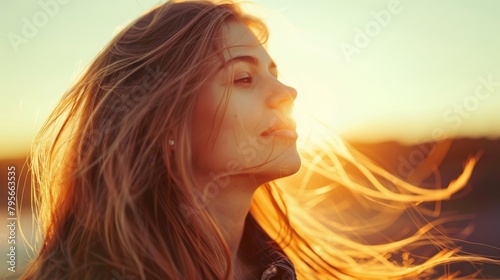 A young woman stands with her hair blowing in the wind during a vibrant sunset, with a warm glow © Vuk
