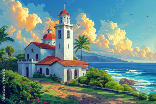 Bask in the coastal serenity of this illustration depicting a tranquil Costa Rican church by the sea, amidst a sunset glow. photo