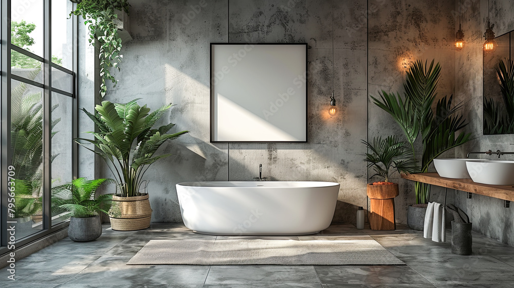 Modern bathroom interior with white bathtub, concrete floor, panoramic window and green plants. Mock up poster frame. 3d rendering