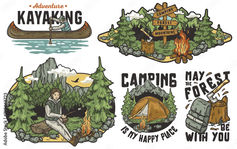 Set of classic camping badges featuring outdoor activities, nature elements and inspirational phrases. Sticker pack travel or nature hiking and camp. T-shirt print
