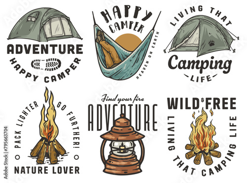 Collection of featuring camping elements such as a tent, hammock, and a campfire for adventure and nature enthusiasts for outdoors. Set of t-shirt prints for travel, camping, nature hiking and camp