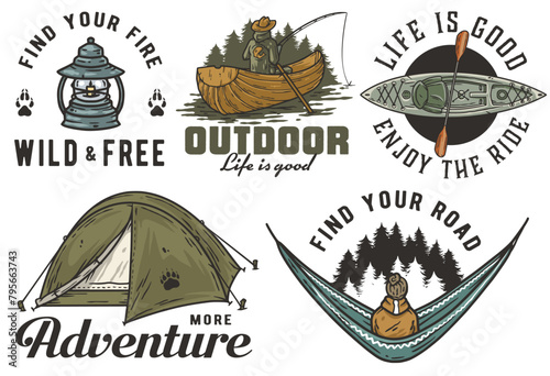 Collection of vintage-style emblems featuring outdoor adventure, including camping gear, canoe, tent, and spirit of wilderness exploration. Set of t-shirt prints for travel, nature hiking and camp