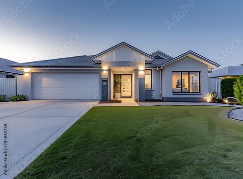 a modern home in the western australia with front yard, grey color wall and white garage door, artificial grass on lawn area, house is located at perth close to park , , © Asad