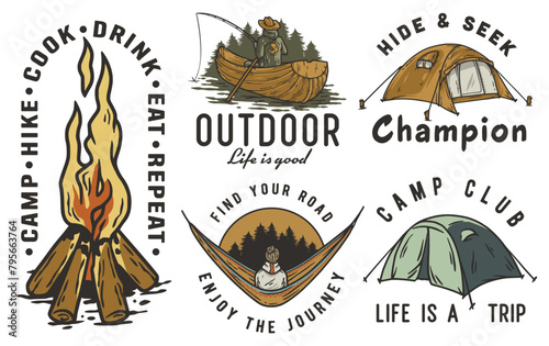 Collection of vintage outdoor adventure badges, camping elements like tents, campfire, canoe for nature enthusiasts and wilderness explorers. Set of t-shirt prints for travel, nature hiking and camp