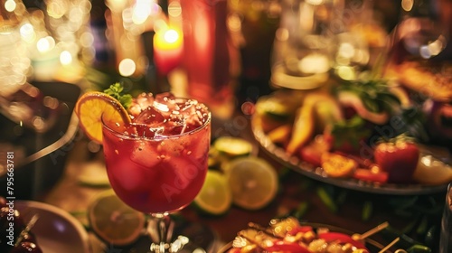 A vibrant red cocktail garnished with fruit, surrounded by a festive buffet in soft focus