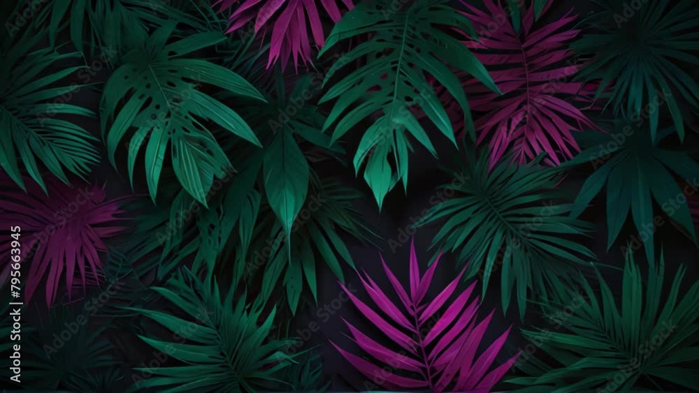 Palm leaves in contrasting pink and green shades on a dark background Palm leaves in contrasting pink and green shades on a dark background