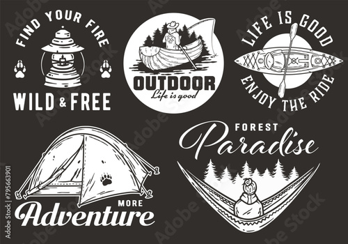 Collection of vintage-style emblems featuring outdoor adventure, including camping gear, canoe, tent, and spirit of wilderness exploration. Set of t-shirt prints for travel, nature hiking and camp
