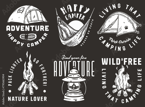 Collection of featuring camping elements such as a tent, hammock, and a campfire for adventure and nature enthusiasts for outdoors. Set of t-shirt prints for travel, camping, nature hiking and camp