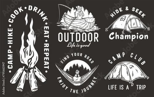 Collection of vintage outdoor adventure badges, camping elements like tents, campfire, canoe for nature enthusiasts and wilderness explorers. Set of t-shirt prints for travel, nature hiking and camp