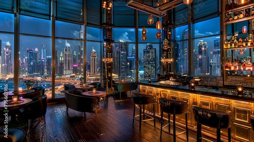 This stylish sky bar offers an intimate setting with distinctive decor  under the soft glow of pendant lighting with a magnificent city skyline in the background