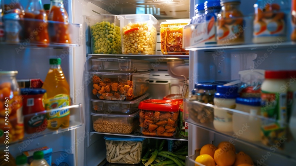 A well-stocked fridge open, showcasing organized shelves with a mix of fresh produce, beverages, and containers