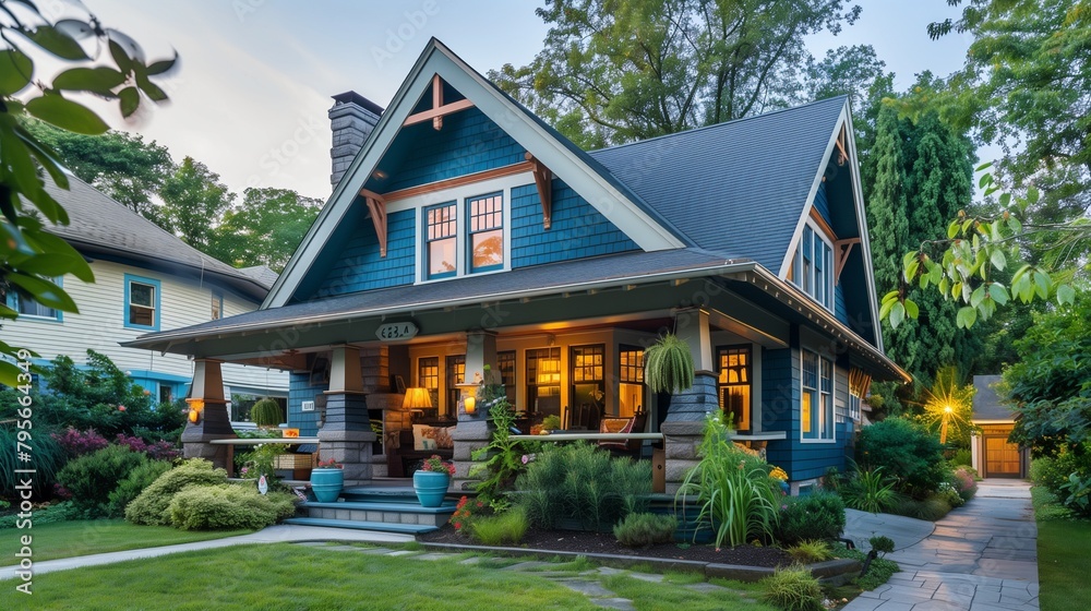 Classic American Craftsman Home with Blue Siding, Cozy Front Porch, Nestled in a Leafy Suburb Classic American Craftsman Home with Blue Siding, Cozy Front Porch, Nestled in a Leafy Suburb