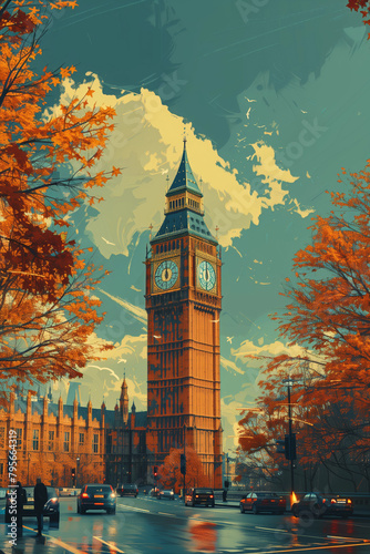 A 2D illustration capturing Big Ben amidst the fiery colors of autumn