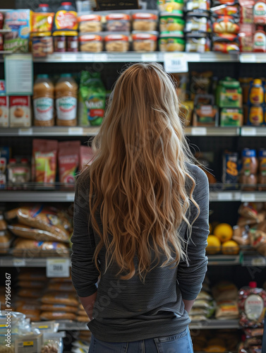 A girl at a food shelf in a supermarket. Rear camera view 