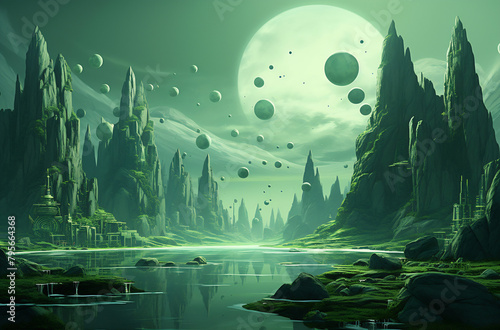 A fantasy landscape with planets