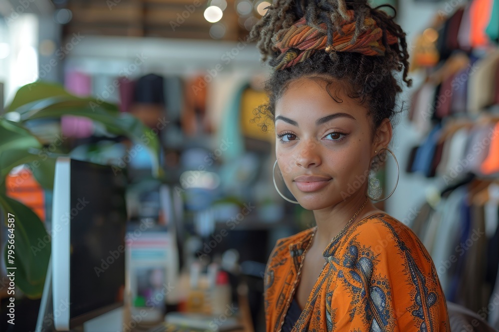 Confident young woman with dreadlocks standing in a fashion-forward clothing store Confident young woman with dreadlocks standing in a fashion-forward clothing store