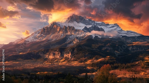 majestic mountain peak bathed in warm golden sunset hues panoramic landscape vista
