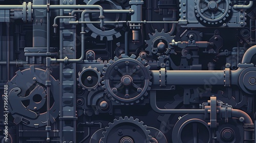 Detailed machinery background with gears and pipes in blue tones.