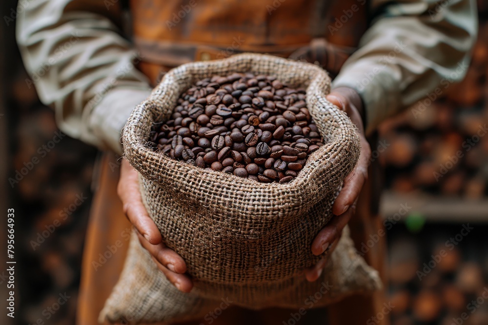 Image showcase hands presenting a full burlap sack of brown roasted coffee beans ready to be ground and brewed