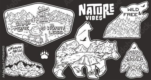 Set of stickers featuring mountains, camping scenes, encouraging nature-related mottos, and wildlife in a vintage frame style for outdoor enthusiasts and nature