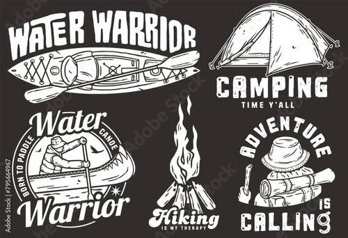 Collection of vintage camping and kayaking themed badges in dark theme. Sticker pack or set for nature hiking and camp. Travel. T-shirt print
