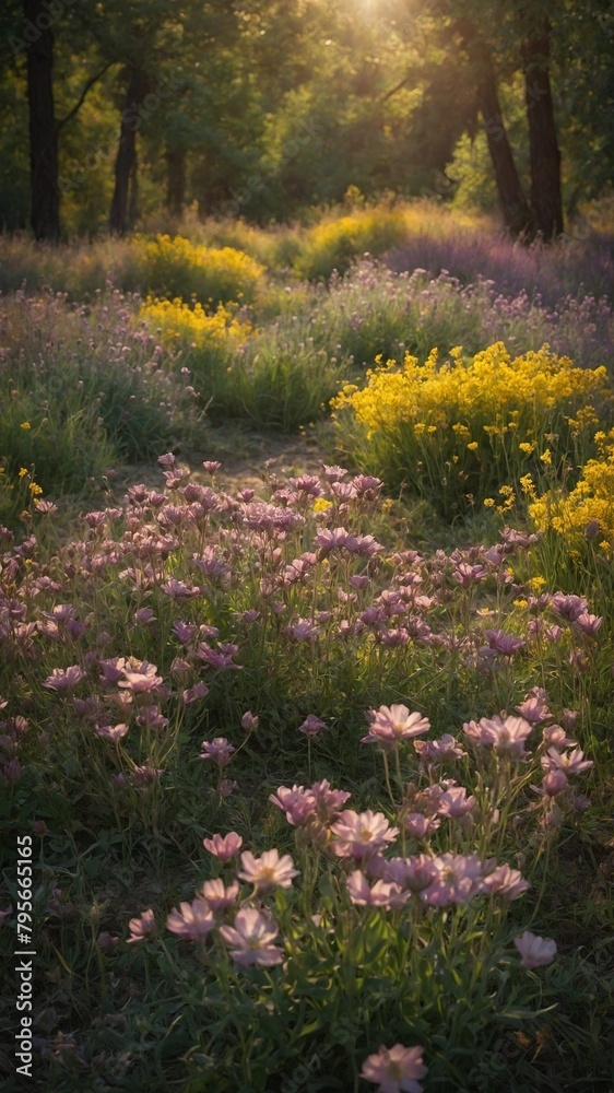 Fototapeta premium Narrow dirt path winds through vibrant meadow bursting with wildflowers bathed in warm glow of setting sun. Clusters of delicate pink, purple blossoms mingle with tall grasses.
