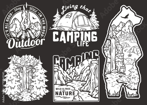 Sticker pack travel. Set for nature hiking and camp. Collection of retro-style camping badges featuring nature and outdoor elements. T-shirt print