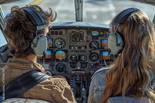 Image from behind two pilots in the cockpit, flying a plane with clear skies ahead photo