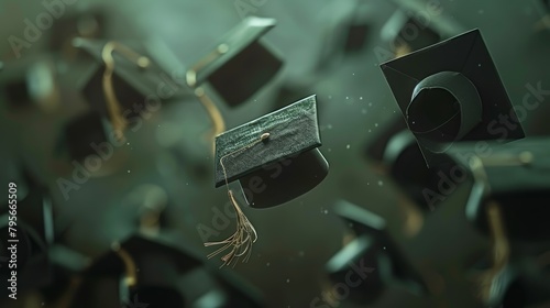 Graduation caps flying in the air. 3D digital art design