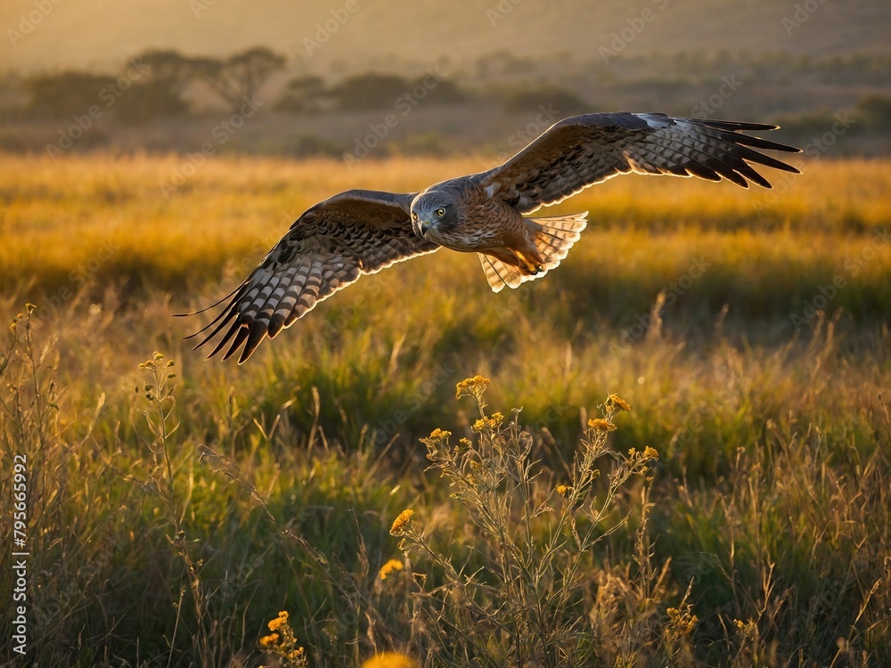 Fototapeta premium Bird of prey with brown, white feathers flies low over field of tall grass. Bird's wings outstretched, its eyes focused on ground. Field bathed in warm glow of setting sun,.