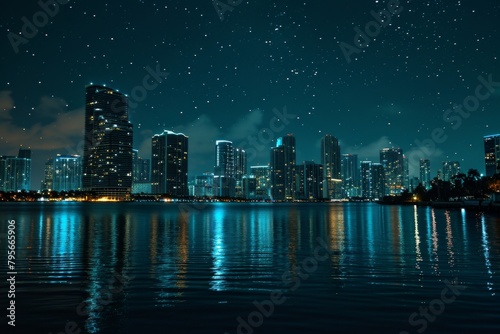 The beautiful Nighttime Miami skyline with stars twinkling. Ai generated © Tanu