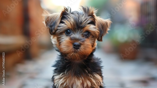 Cute Yorkshire Terrier puppy with brown fur in the street. Concept Pets, Dogs, Yorkshire Terrier, Street Photography, Brown Fur