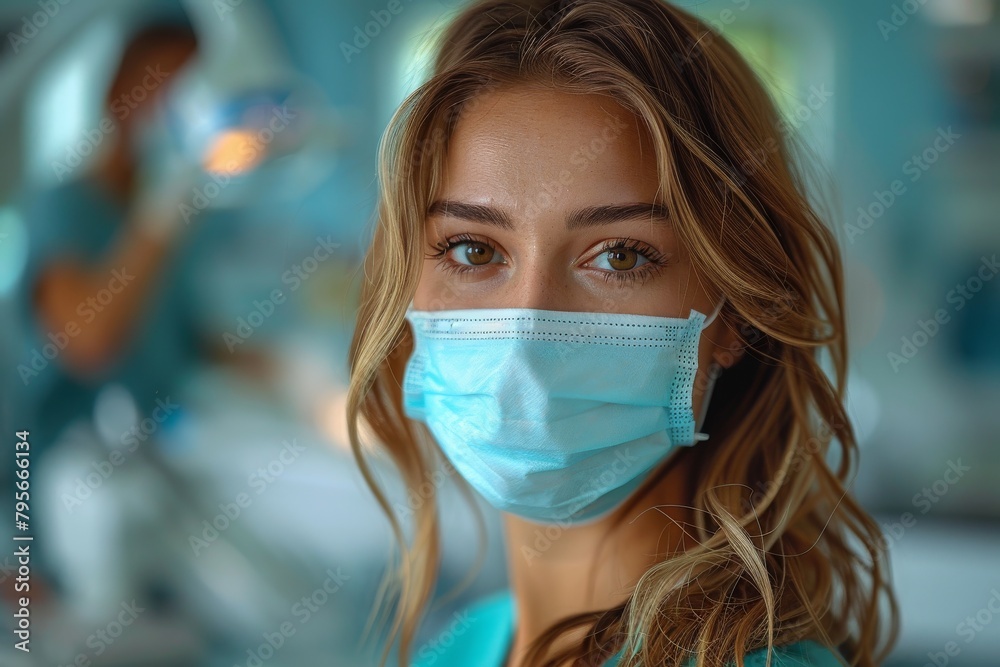 A female medical professional with a face mask is ready to provide care, blurred clinic background