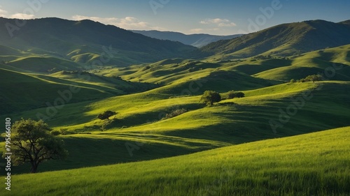 Sunlight bathes rolling green hills, creating patchwork of light, shadow across landscape. Lone tree stands in foreground, while others dot distant hills, adding depth, scale to scene. Sky clear blue.