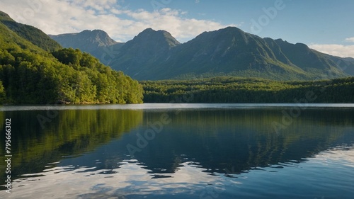 Large body of calm water sits nestled amongst rolling green hills, vibrant forest. Water reflects surrounding landscape like mirror, creating sense of peace, tranquility.