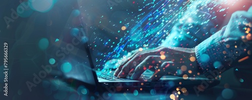 Digital background featuring the hand of an engineer typing on laptop, with glowing data streams and blue digital elements in motion Generative AI