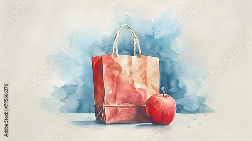 A minimalist drawing of a simple shopping bag with a single apple inside photo